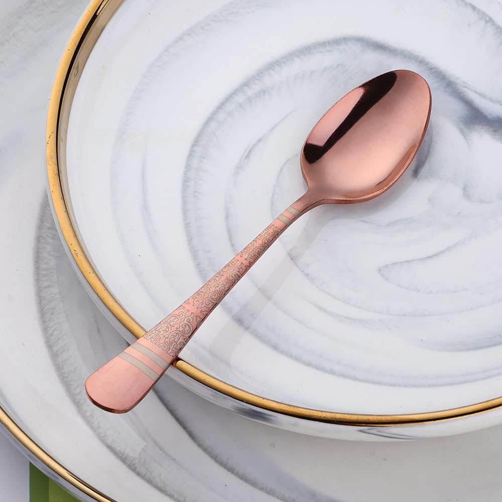 Rose Gold Unique Pattern Design Coffee Espresso Spoons Mini, Mingcheng Stainless Steel Small Teaspoons Silverware Set of 12, 5.5 Inches Food Spoons for Demitasse Dessert Tea