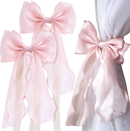 2pcs Silky Bow Curtain Tiebacks, Lace Ribbon Bowknot Curtain Straps, French Bow Ties Rope Holdbacks Accessories for Weddings Home Bedroom Office Decorations- Pink