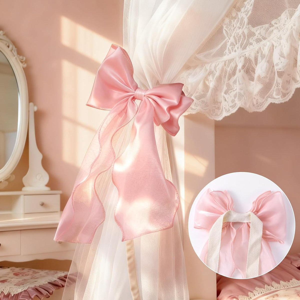 2pcs Silky Bow Curtain Tiebacks, Lace Ribbon Bowknot Curtain Straps, French Bow Ties Rope Holdbacks Accessories for Weddings Home Bedroom Office Decorations- Pink