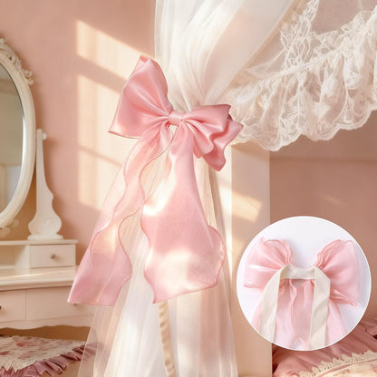 2pcs Silky Bow Curtain Tiebacks, Lace Ribbon Bowknot Curtain Straps, French Bow Ties Rope Holdbacks Accessories for Weddings Home Bedroom Office Decorations- Pink