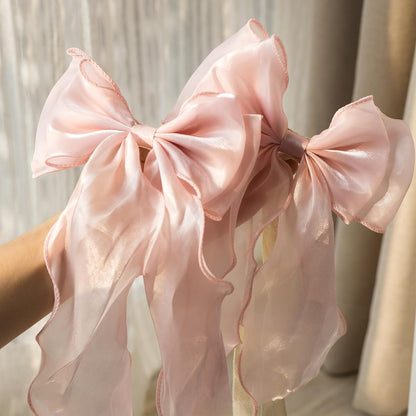 2pcs Silky Bow Curtain Tiebacks, Lace Ribbon Bowknot Curtain Straps, French Bow Ties Rope Holdbacks Accessories for Weddings Home Bedroom Office Decorations- Pink