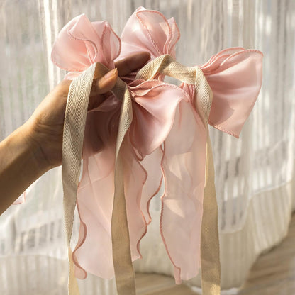 2pcs Silky Bow Curtain Tiebacks, Lace Ribbon Bowknot Curtain Straps, French Bow Ties Rope Holdbacks Accessories for Weddings Home Bedroom Office Decorations- Pink