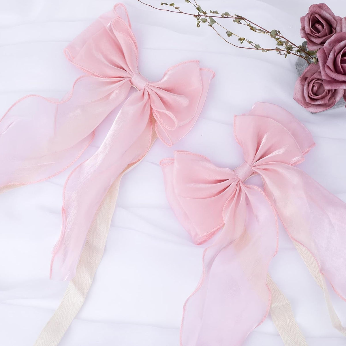 2pcs Silky Bow Curtain Tiebacks, Lace Ribbon Bowknot Curtain Straps, French Bow Ties Rope Holdbacks Accessories for Weddings Home Bedroom Office Decorations- Pink