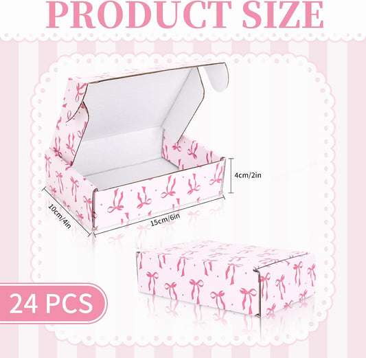 24 Pack Pink Bow Shipping Box Coquette Bow Mailing Box Corrugated Cardboard Box Mailers for Packaging Gift Wrap Craft Small Business, 6 x 4 x 2 inch
