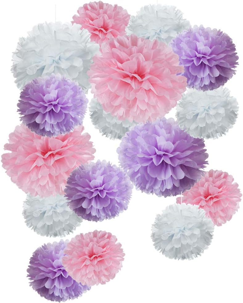 Pink Purple White Tissue Pom Poms Paper Flower Party Decoration, 18pc