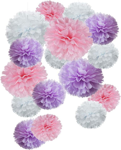 Pink Purple White Tissue Pom Poms Paper Flower Party Decoration, 18pc