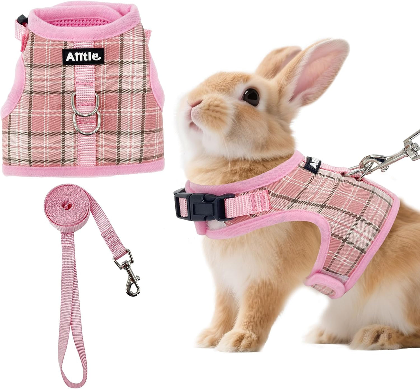 AIITLE Breathable Rabbit Harness and Leash Set - Plaid Pattern Padded Vest with Magic Tape Design, Dual D-Rings, Adjustable for Small Animal Pets, Indoor Outdoor Training Camping, Pink M
