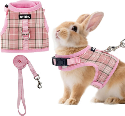 AIITLE Breathable Rabbit Harness and Leash Set - Plaid Pattern Padded Vest with Magic Tape Design, Dual D-Rings, Adjustable for Small Animal Pets, Indoor Outdoor Training Camping, Pink M