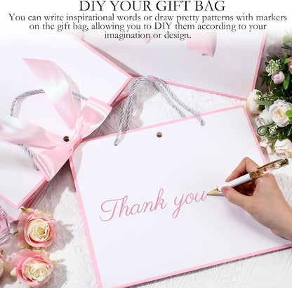 12 Pcs Paper Gift Bags with Handles & Bow Ribbon, White, Pink