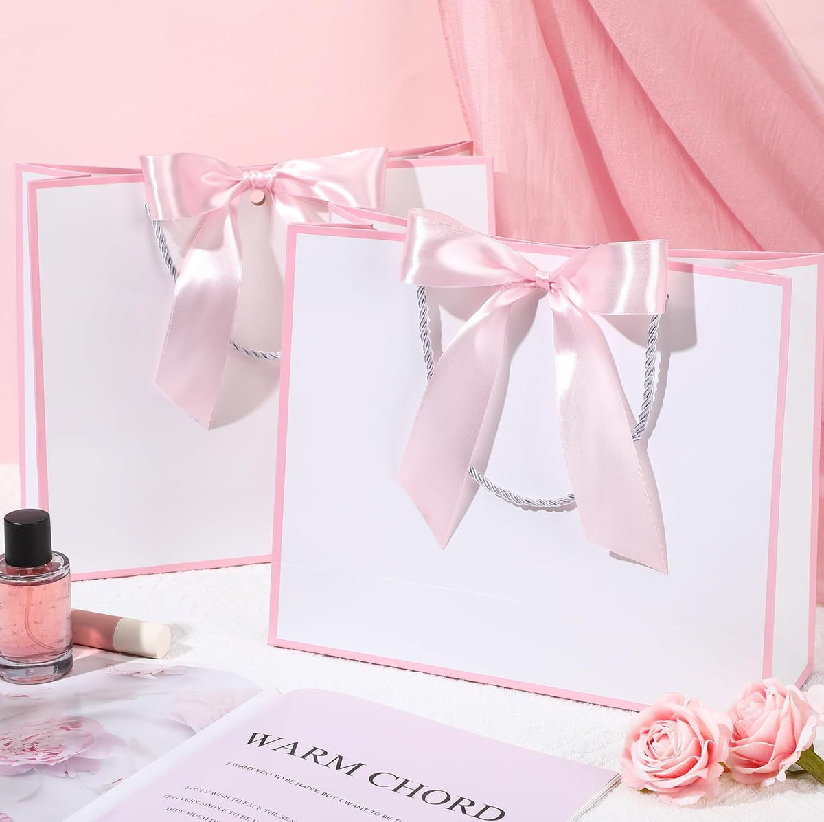 12 Pcs Paper Gift Bags with Handles & Bow Ribbon, White, Pink