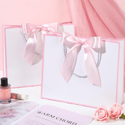 12 Pcs Paper Gift Bags with Handles & Bow Ribbon, White, Pink