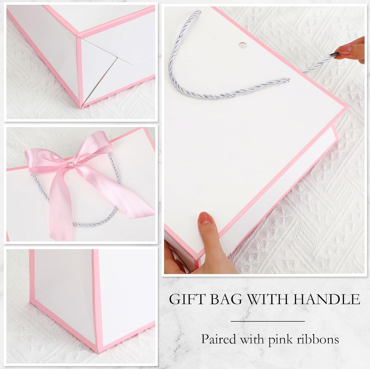 12 Pcs Paper Gift Bags with Handles & Bow Ribbon, White, Pink
