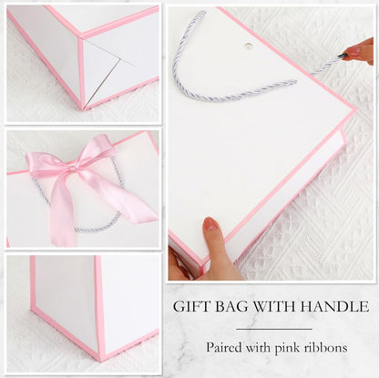 12 Pcs Paper Gift Bags with Handles & Bow Ribbon, White, Pink