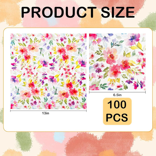 100Pcs Floral Luncheon Napkins Spring Summer Flowers Paper Hand Napkins 6.5 Inch Purple and Pink Bouquet Meadow Party Napkins for Wedding Baby Bridal Shower Birthday