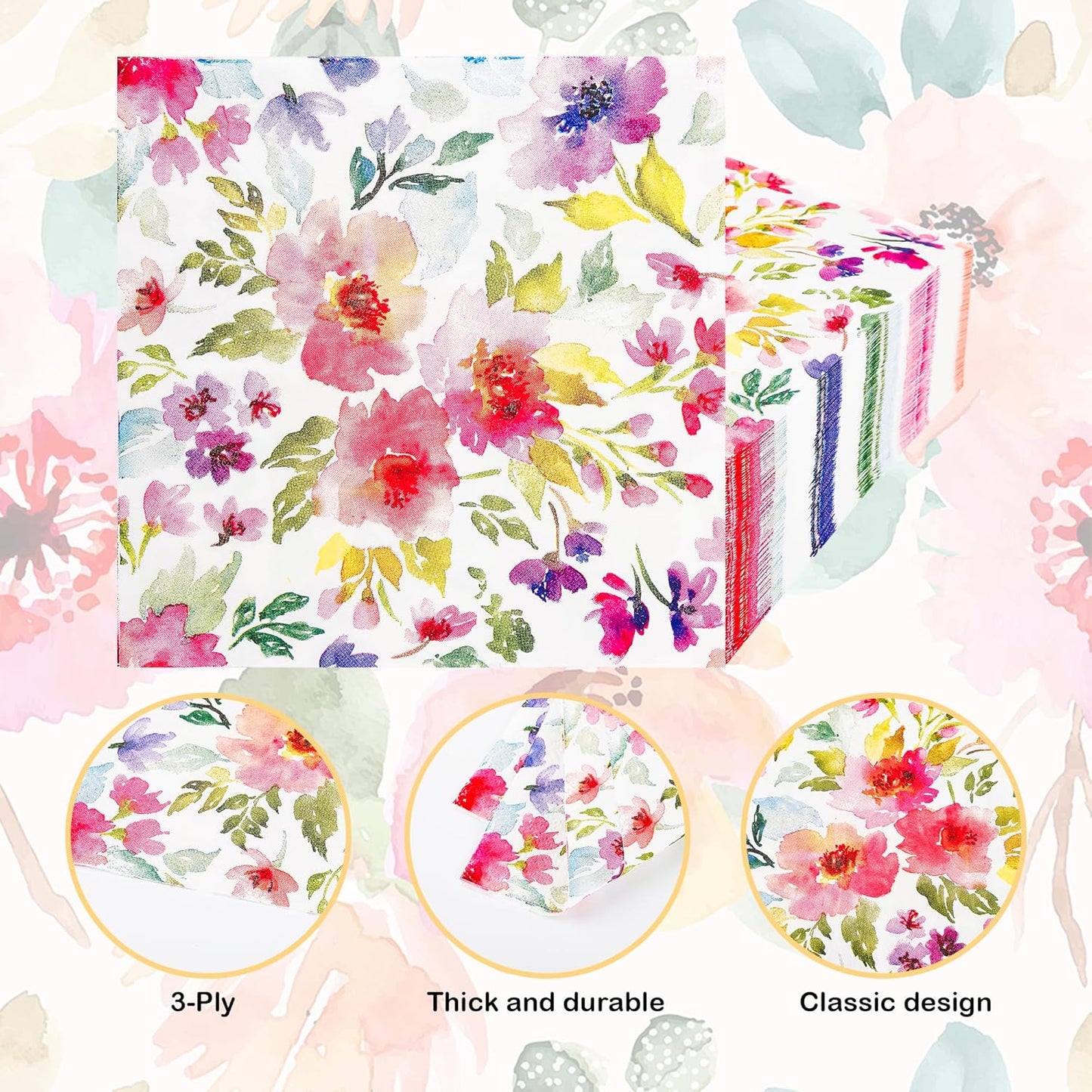 100Pcs Floral Luncheon Napkins Spring Summer Flowers Paper Hand Napkins 6.5 Inch Purple and Pink Bouquet Meadow Party Napkins for Wedding Baby Bridal Shower Birthday