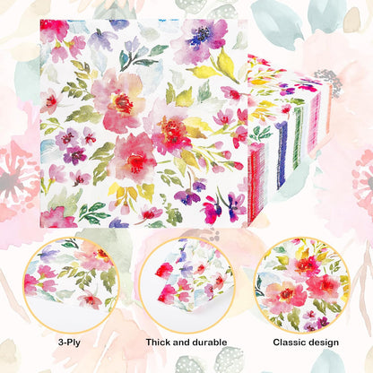 100Pcs Floral Luncheon Napkins Spring Summer Flowers Paper Hand Napkins 6.5 Inch Purple and Pink Bouquet Meadow Party Napkins for Wedding Baby Bridal Shower Birthday