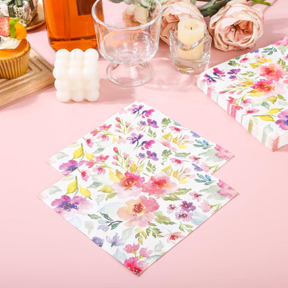 100Pcs Floral Luncheon Napkins Spring Summer Flowers Paper Hand Napkins 6.5 Inch Purple and Pink Bouquet Meadow Party Napkins for Wedding Baby Bridal Shower Birthday