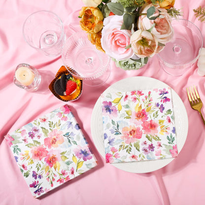 100Pcs Floral Luncheon Napkins Spring Summer Flowers Paper Hand Napkins 6.5 Inch Purple and Pink Bouquet Meadow Party Napkins for Wedding Baby Bridal Shower Birthday