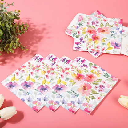 100Pcs Floral Luncheon Napkins Spring Summer Flowers Paper Hand Napkins 6.5 Inch Purple and Pink Bouquet Meadow Party Napkins for Wedding Baby Bridal Shower Birthday
