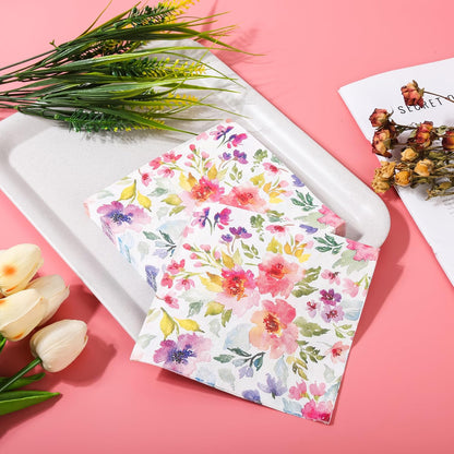 100Pcs Floral Luncheon Napkins Spring Summer Flowers Paper Hand Napkins 6.5 Inch Purple and Pink Bouquet Meadow Party Napkins for Wedding Baby Bridal Shower Birthday