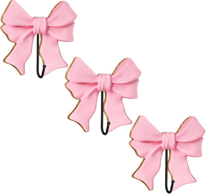 3 Pcs Pink Bow Coat Hooks Large Wooden Bow Coat Hook 5 Inch Coquette Decorative Metal Holder Pink Wall-Mounted Hanger for Bathroom Living Room Hanging Towels Coats Bags Keys