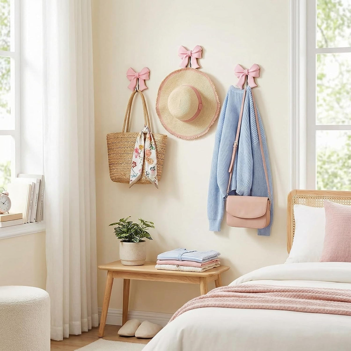 3 Pcs Pink Bow Coat Hooks Large Wooden Bow Coat Hook 5 Inch Coquette Decorative Metal Holder Pink Wall-Mounted Hanger for Bathroom Living Room Hanging Towels Coats Bags Keys