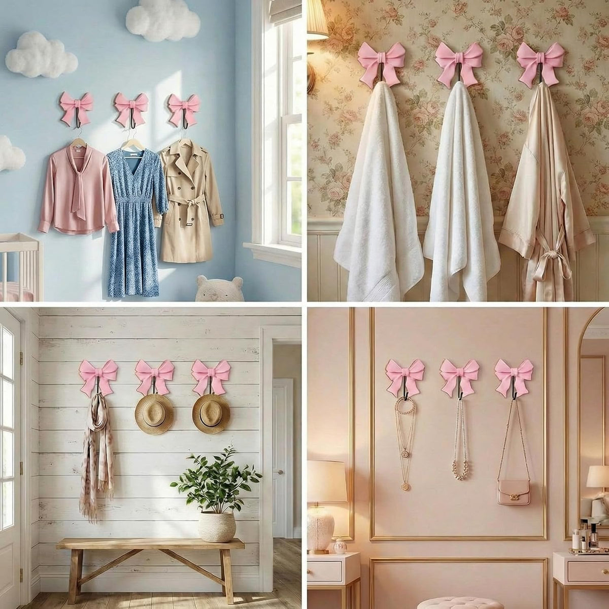 3 Pcs Pink Bow Coat Hooks Large Wooden Bow Coat Hook 5 Inch Coquette Decorative Metal Holder Pink Wall-Mounted Hanger for Bathroom Living Room Hanging Towels Coats Bags Keys