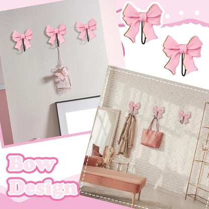 3 Pcs Pink Bow Coat Hooks Large Wooden Bow Coat Hook 5 Inch Coquette Decorative Metal Holder Pink Wall-Mounted Hanger for Bathroom Living Room Hanging Towels Coats Bags Keys