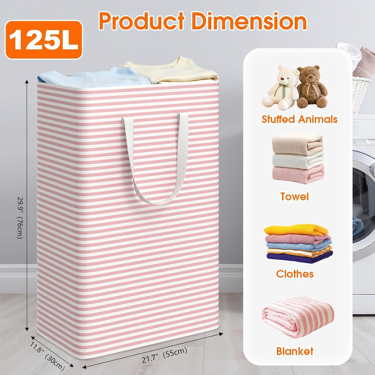 3-Pack Laundry Basket, Collapsible Laundry Hampers, 125L, Pink