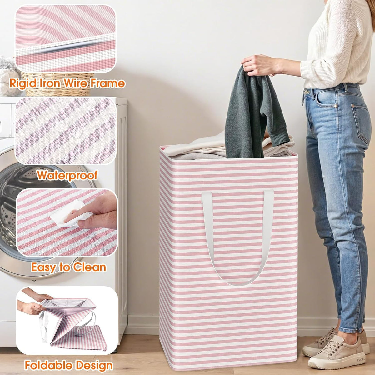 3-Pack Laundry Basket, Collapsible Laundry Hampers, 125L, Pink
