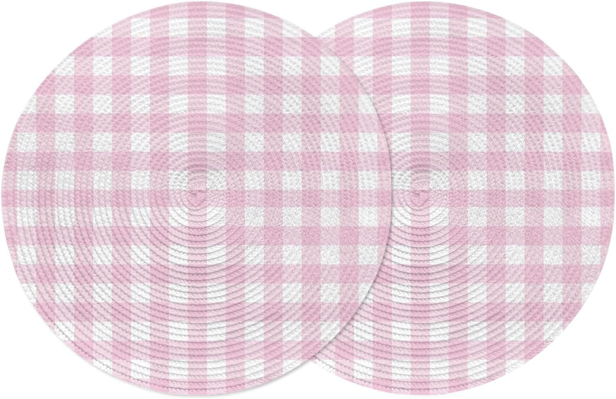 Round Placemats Set of 2 Peach Pink Buffalo Checked Plaid Place Mats Washable Woven Placemat Classic Grid Circle Braided Table Mat for Kitchen Dining Table Party Home Decor 15 Inch