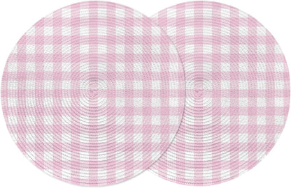 Round Placemats Set of 2 Peach Pink Buffalo Checked Plaid Place Mats Washable Woven Placemat Classic Grid Circle Braided Table Mat for Kitchen Dining Table Party Home Decor 15 Inch