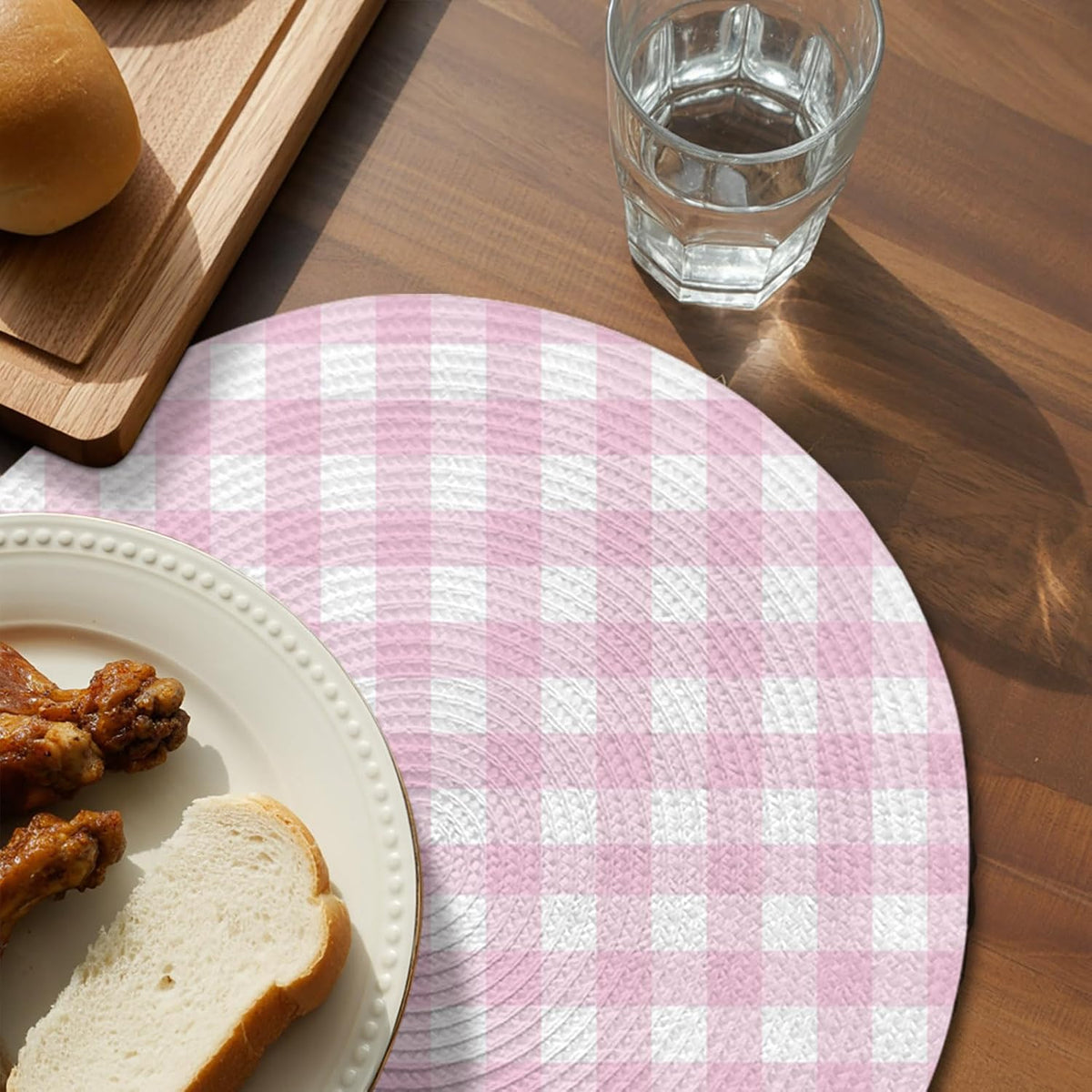 Round Placemats Set of 2 Peach Pink Buffalo Checked Plaid Place Mats Washable Woven Placemat Classic Grid Circle Braided Table Mat for Kitchen Dining Table Party Home Decor 15 Inch
