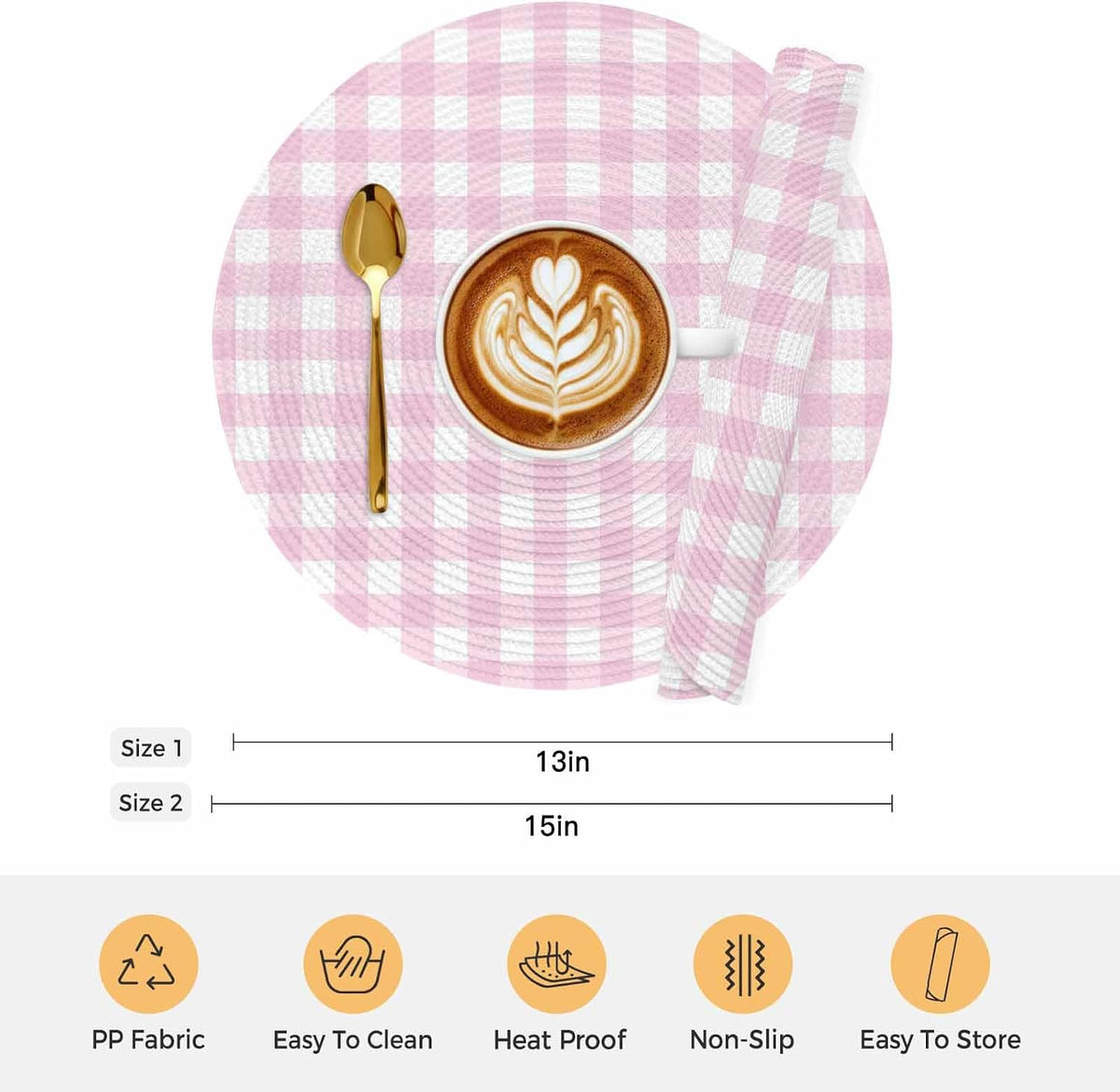 Round Placemats Set of 2 Peach Pink Buffalo Checked Plaid Place Mats Washable Woven Placemat Classic Grid Circle Braided Table Mat for Kitchen Dining Table Party Home Decor 15 Inch