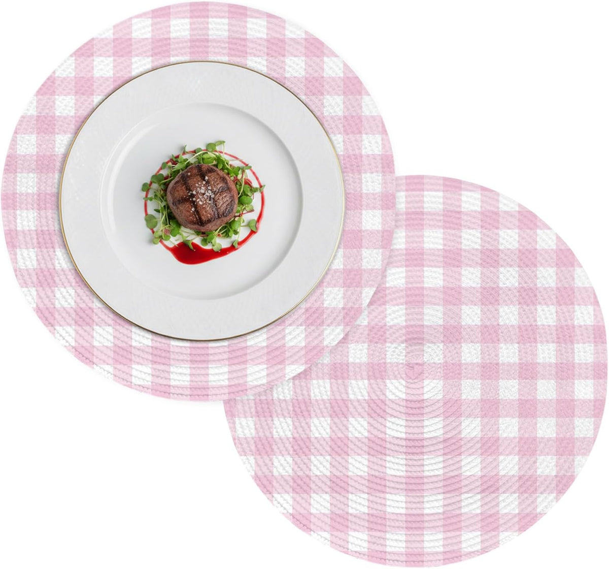 Round Placemats Set of 2 Peach Pink Buffalo Checked Plaid Place Mats Washable Woven Placemat Classic Grid Circle Braided Table Mat for Kitchen Dining Table Party Home Decor 15 Inch