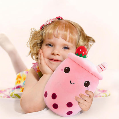 Cute Boba Tea Plush Stuffed Bubble Tea Plushie Cartoon Soft Strawberry Pillow Home Hugging Gift for Kids Pink 9.4 inch