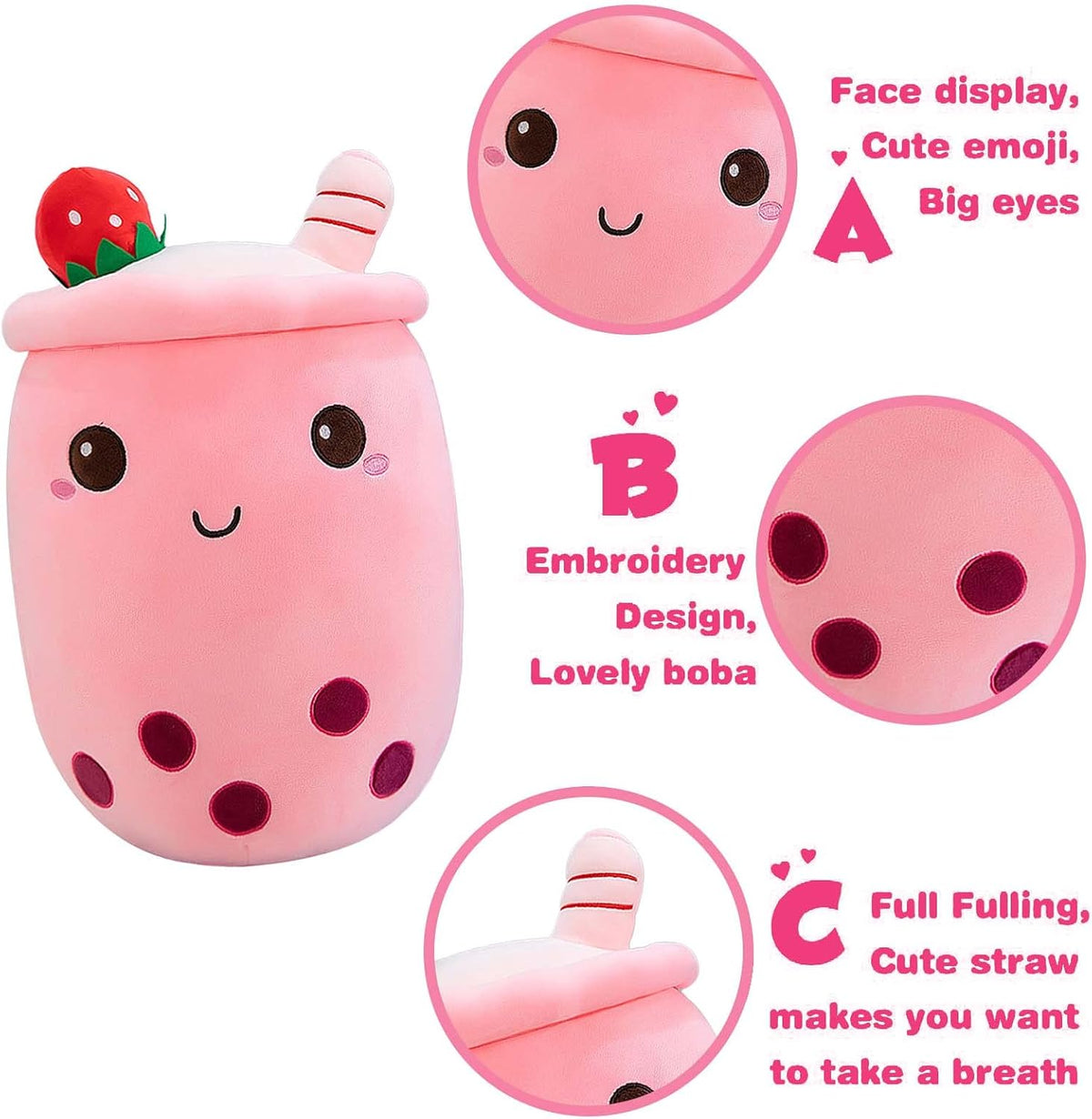 Cute Boba Tea Plush Stuffed Bubble Tea Plushie Cartoon Soft Strawberry Pillow Home Hugging Gift for Kids Pink 9.4 inch