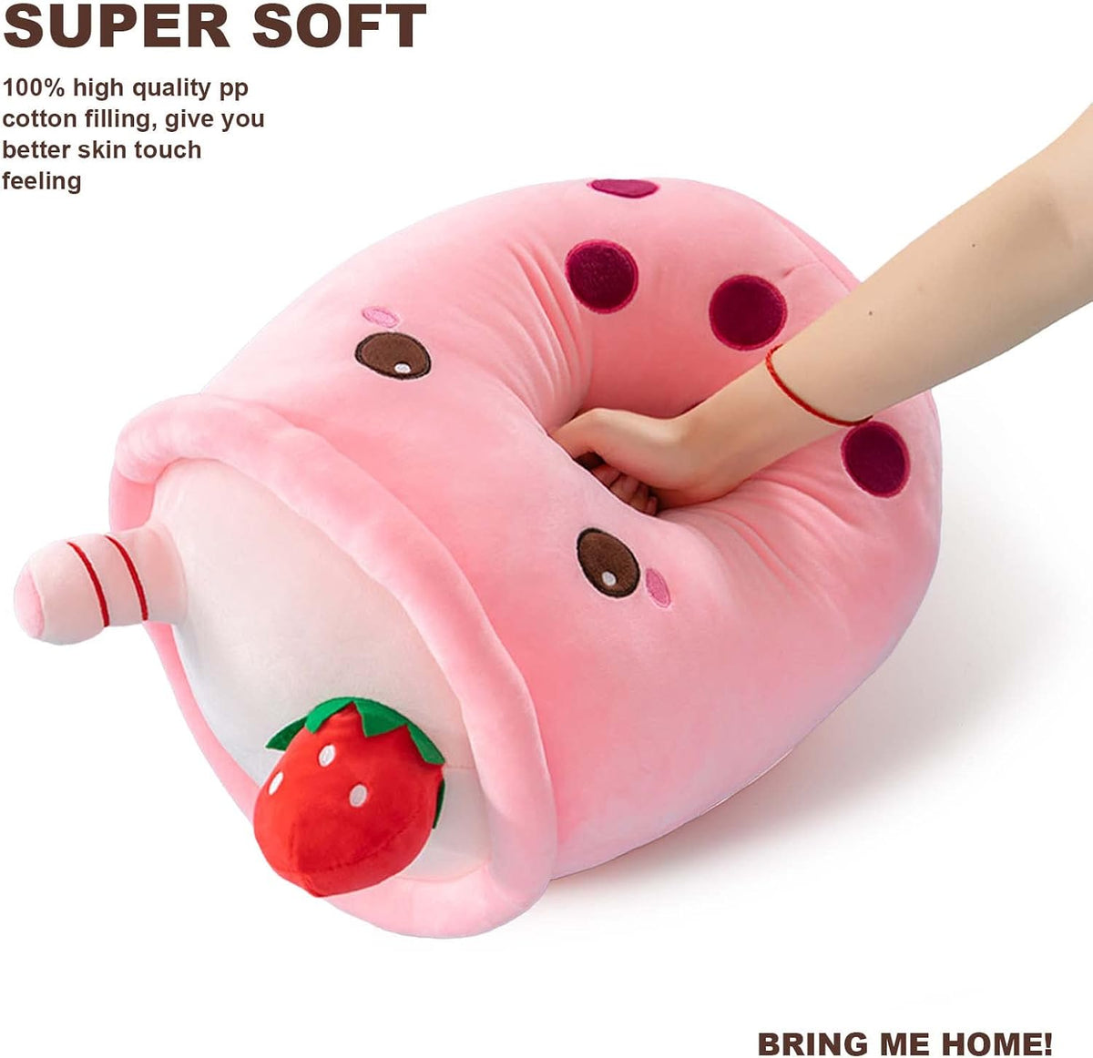 Cute Boba Tea Plush Stuffed Bubble Tea Plushie Cartoon Soft Strawberry Pillow Home Hugging Gift for Kids Pink 9.4 inch