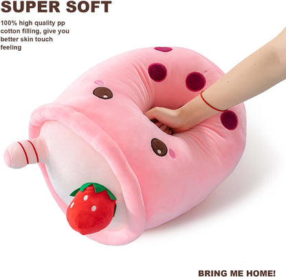 Cute Boba Tea Plush Stuffed Bubble Tea Plushie Cartoon Soft Strawberry Pillow Home Hugging Gift for Kids Pink 9.4 inch