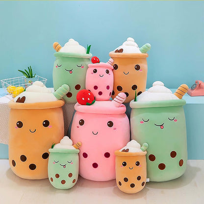 Cute Boba Tea Plush Stuffed Bubble Tea Plushie Cartoon Soft Strawberry Pillow Home Hugging Gift for Kids Pink 9.4 inch