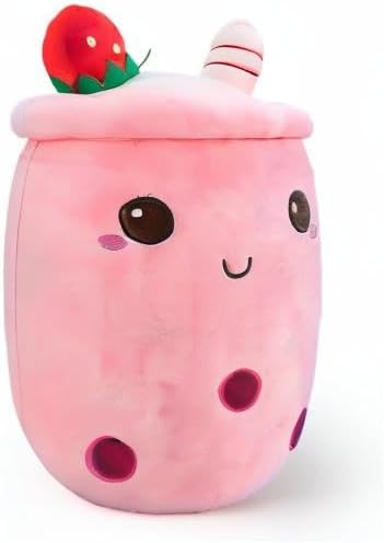 Cute Boba Tea Plush Stuffed Bubble Tea Plushie Cartoon Soft Strawberry Pillow Home Hugging Gift for Kids Pink 9.4 inch