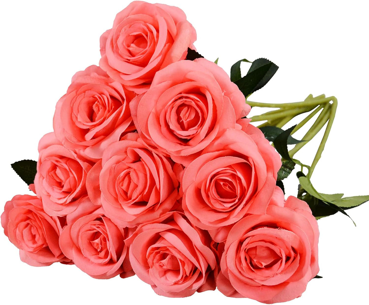 10 Pcs Peach Rose Artificial Flowers, Faux Silk Flower With Long Stems