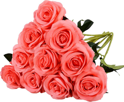 10 Pcs Peach Rose Artificial Flowers, Faux Silk Flower With Long Stems