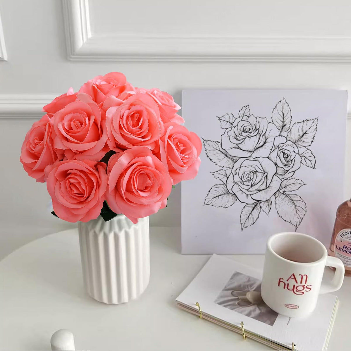 10 Pcs Peach Rose Artificial Flowers, Faux Silk Flower With Long Stems