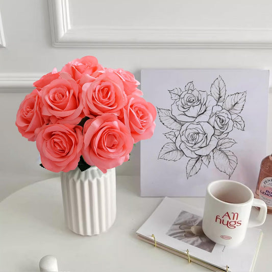 10 Pcs Peach Rose Artificial Flowers, Faux Silk Flower With Long Stems