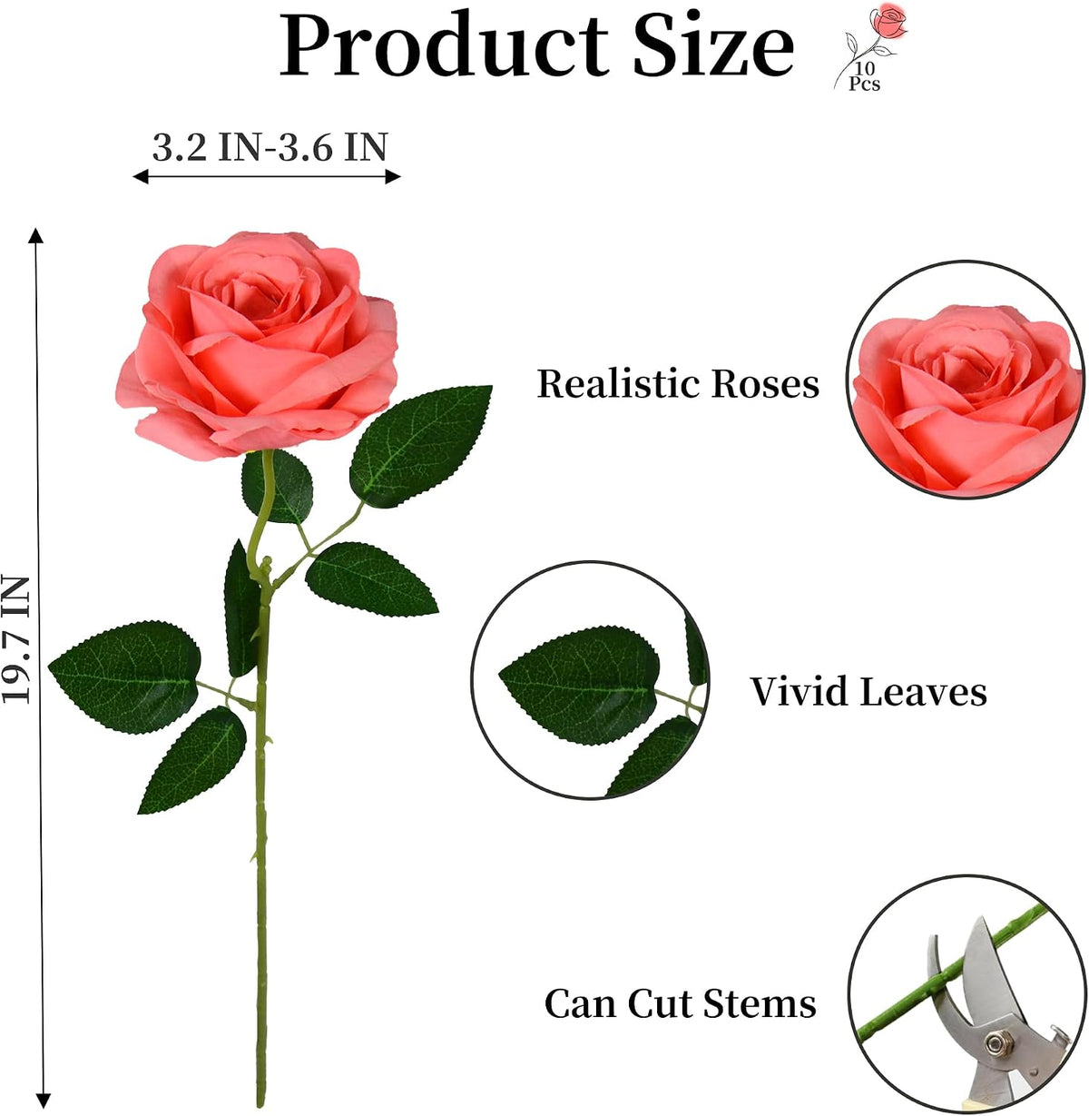 10 Pcs Peach Rose Artificial Flowers, Faux Silk Flower With Long Stems