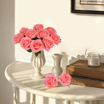 10 Pcs Peach Rose Artificial Flowers, Faux Silk Flower With Long Stems