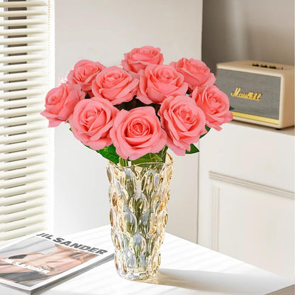 10 Pcs Peach Rose Artificial Flowers, Faux Silk Flower With Long Stems