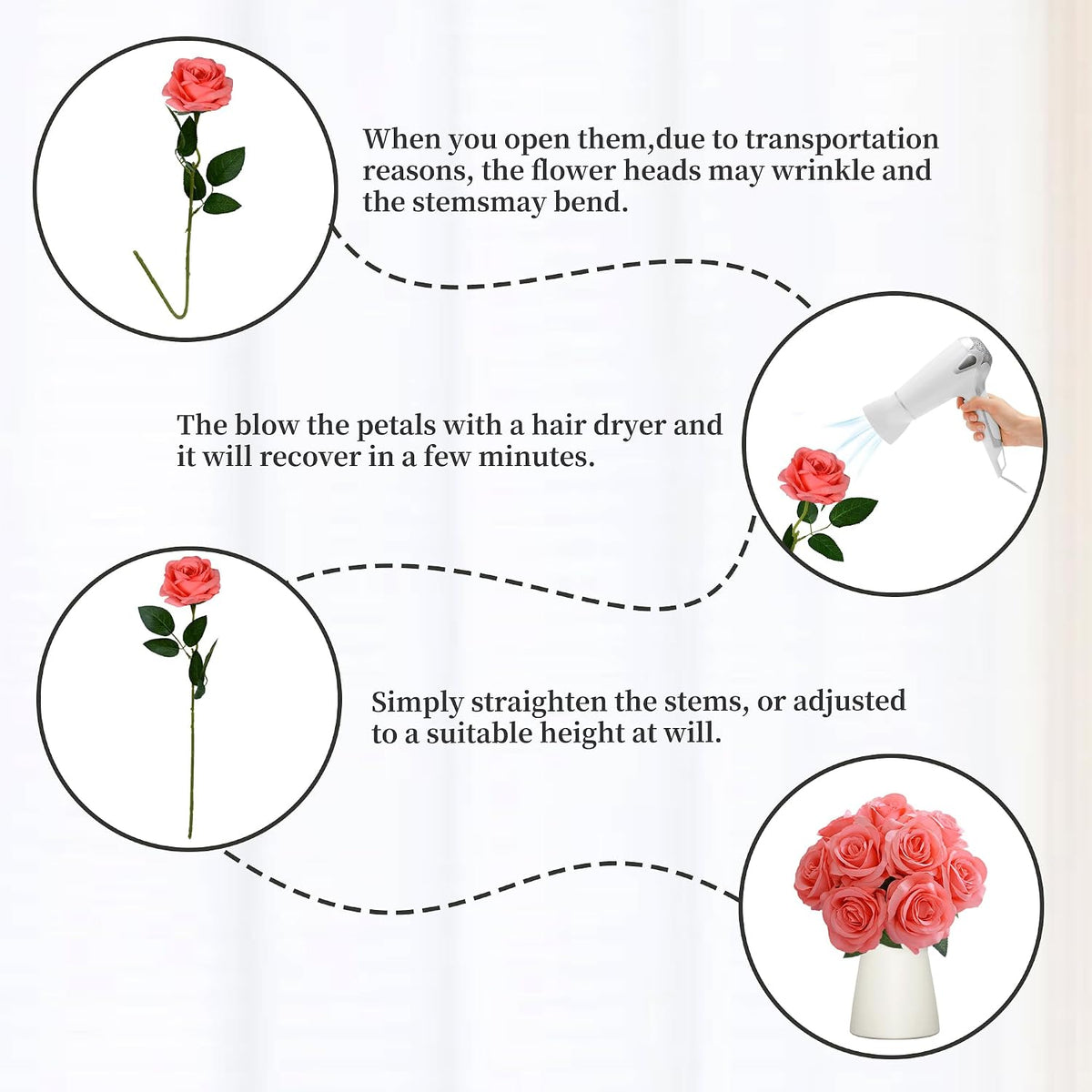10 Pcs Peach Rose Artificial Flowers, Faux Silk Flower With Long Stems
