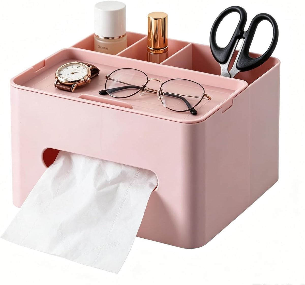 5-in-1 Tissue Box Holder with Storage Caddy, 20cm Plastic Multifunction Countertop Organizer, 3X Compartments 1x Top Tray, Ideal for Office, Home, Vanity, Makeup & Stationery (Pink)